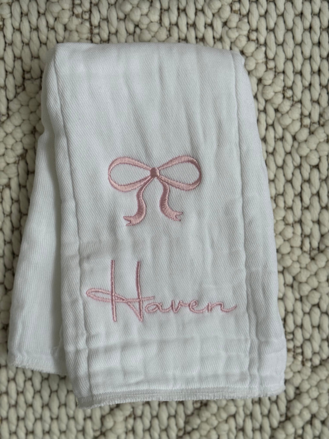 Pink Bow2 & Name Burp Cloth