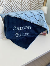 Load image into Gallery viewer, Baby Blue/Navy Lattice Flat Navy Back Blanket No Ruffle