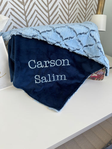 Baby Blue/Navy Lattice Flat Navy Back Blanket No Ruffle