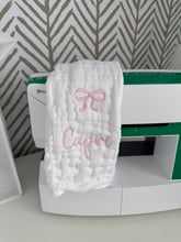 Load image into Gallery viewer, Pink embossed leaves with Flat ivory back &amp; Bow Burp Cloth Gift Set
