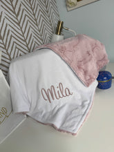 Load image into Gallery viewer, Dusty Pink Hyde Flat White Back Embroidery on Flat White Blanket No Ruffle
