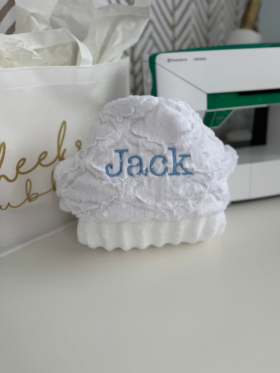 White Lattice Baby Blue Embroidery Bath Hoodie/Hooded Towel