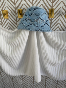 Baby Blue/Navy Lattice White Embroidery Bath Hoodie/Hooded Towel