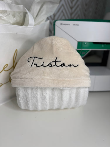 Flat Cream Black Embroidery Bath Hoodie/Hooded Towel