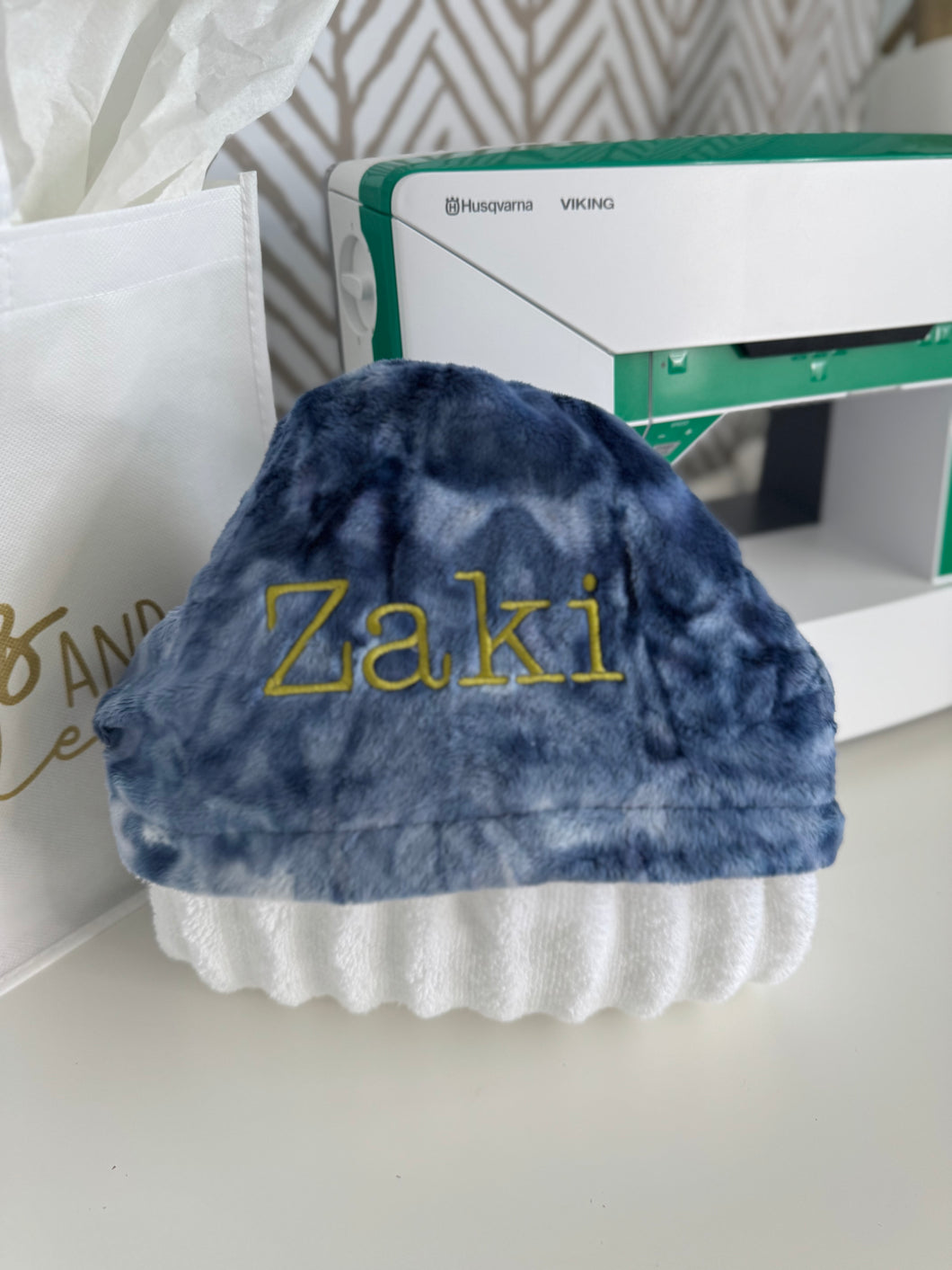Navy Tie Dye with Chartreuse Embroidery Bath Hoodie/Hooded Towel
