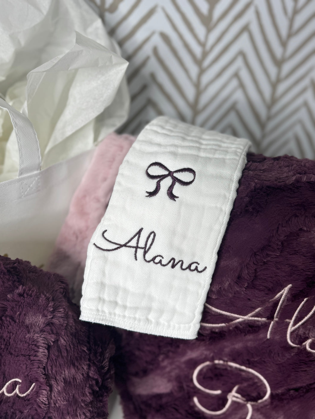 Plum Bow 2 & Name Burp Cloth