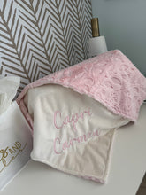 Load image into Gallery viewer, Pink embossed leaves with Flat ivory back &amp; Bow Burp Cloth Gift Set