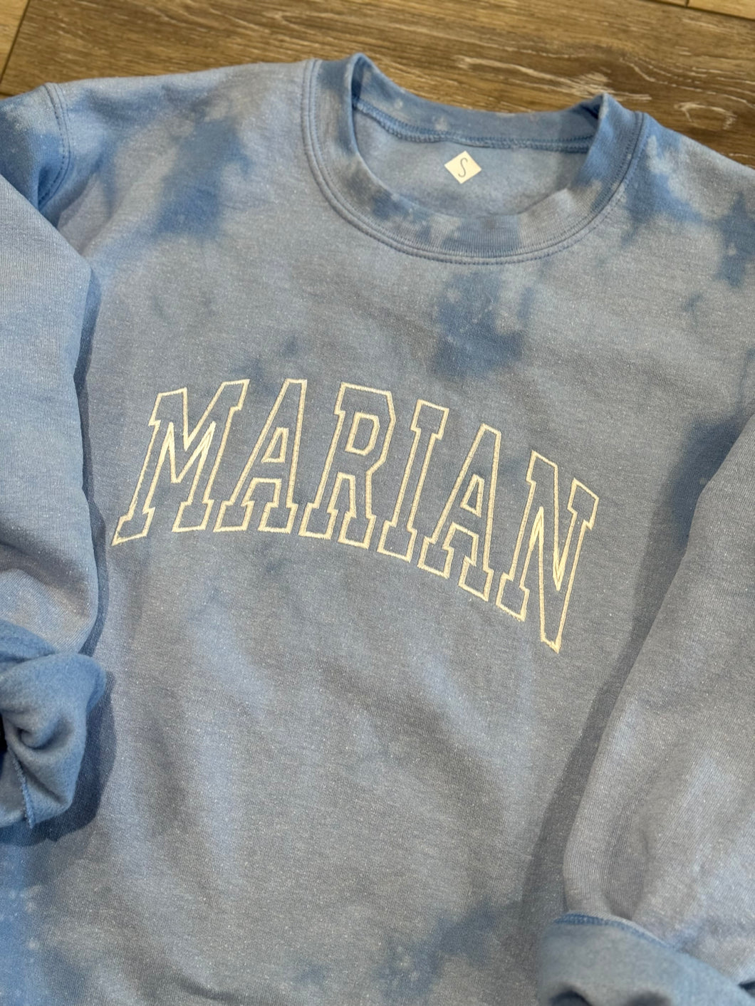 Bleach Burst Dusty Blue Embroidered Marian Mustangs Sweatshirt
