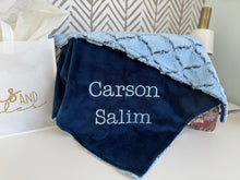 Load image into Gallery viewer, Baby Blue/Navy Lattice Flat Navy Back Blanket No Ruffle