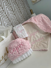 Load image into Gallery viewer, Pink embossed leaves with Flat ivory back &amp; Bow Burp Cloth Gift Set