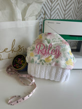 Load image into Gallery viewer, Floral Pink, Yellow, Green, Blue with Pink Embroidery Hooded Towel