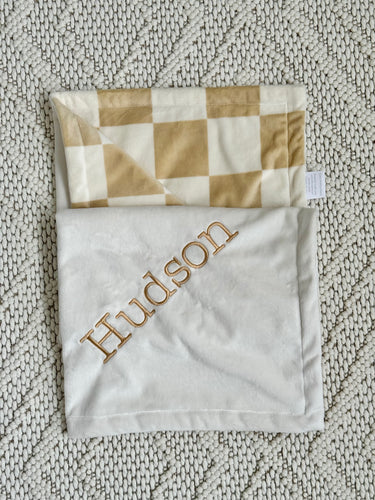 Neutral Checker with Golden Tan embroidery Blanket
