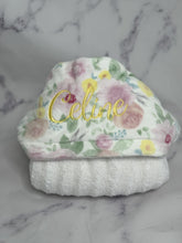 Load image into Gallery viewer, Floral Pink, Yellow, Green, Blue with Yellow Embroidery Hooded Towel