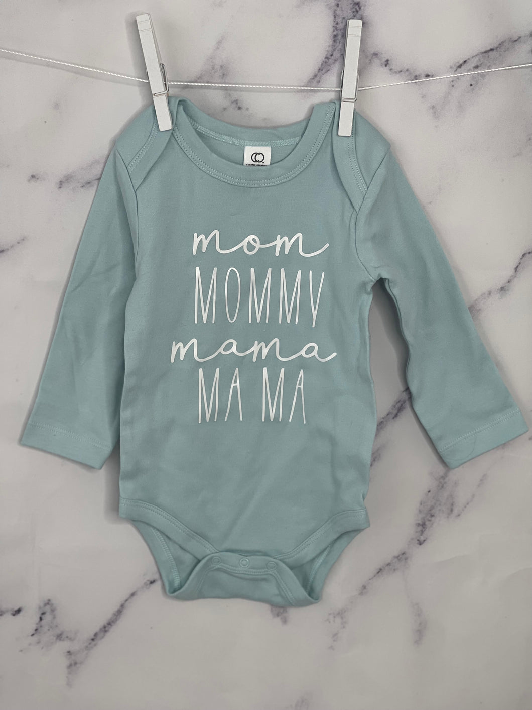 Mom, Mommy, Mama, Ma Ma Organic Cotton Long Sleeve Bodysuit