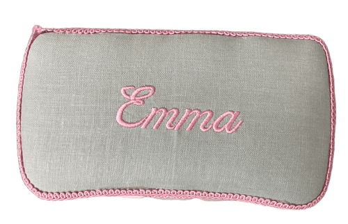 Gray Linen with Pink Trim & Embroidery Baby Wipe Case