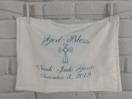 White with Blue Embroidery Baptism Towel