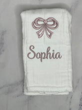 Load image into Gallery viewer, Rose Water Pink Bow &amp; Name Burp Cloth