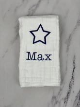 Load image into Gallery viewer, Navy Star &amp; Name Burp Cloth