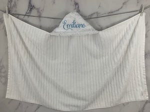 White Lattice Baby Blue Embroidery Bath Hoodie/Hooded Towel