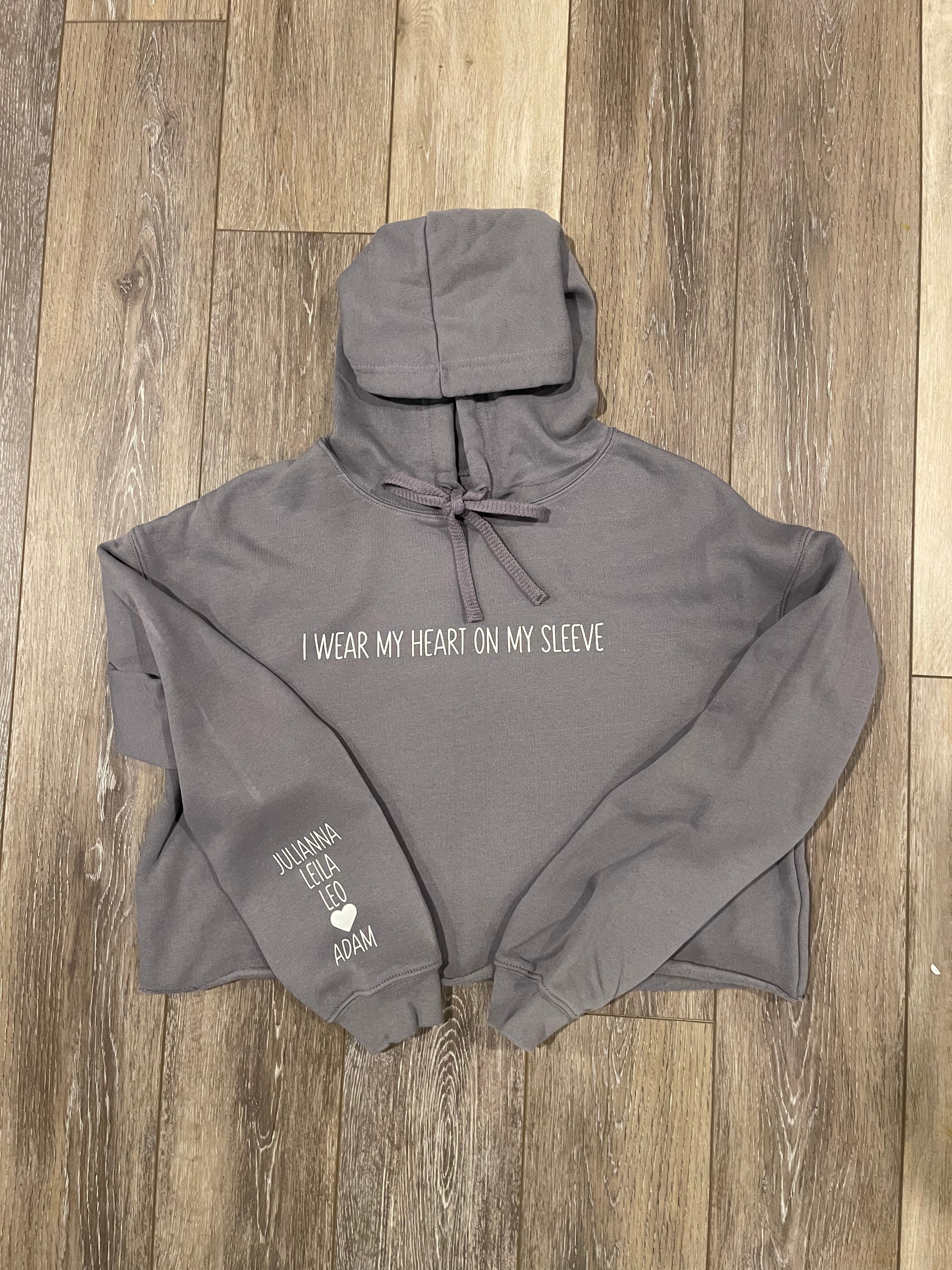 CROPPED HOODIE I WEAR MY HEART ON MY SLEEVE SWEATSHIRT - SHIPS FREE
