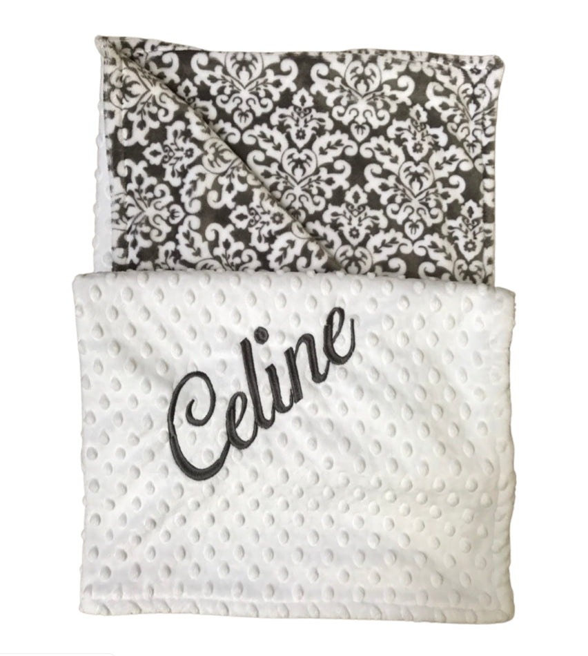 Charcoal Damask with White Bubble Back Blanket No Ruffle