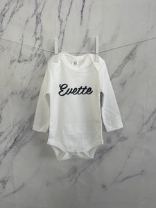 Long Sleeve White Organic Cotton Bodysuit With Personalized Name