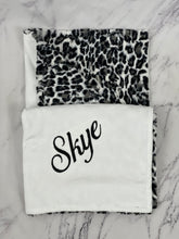 Load image into Gallery viewer, Black/White/Gray Leopard with Flat White Back Blanket No Ruffle